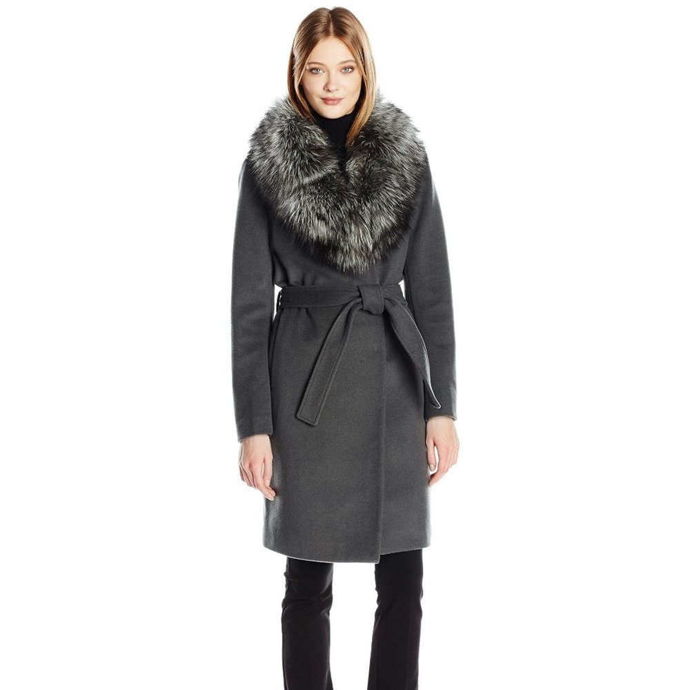 ELIE TAHARI Fox-Fur-Trim Wrap Coat